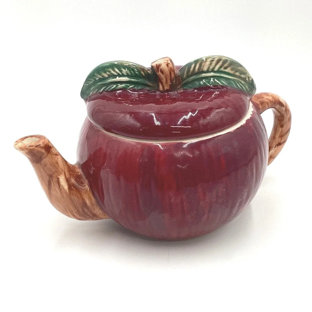 Vintage‎ Red Apple Ceramic Teapot with Lid Hand Painted Fruit Shape Fall Decor